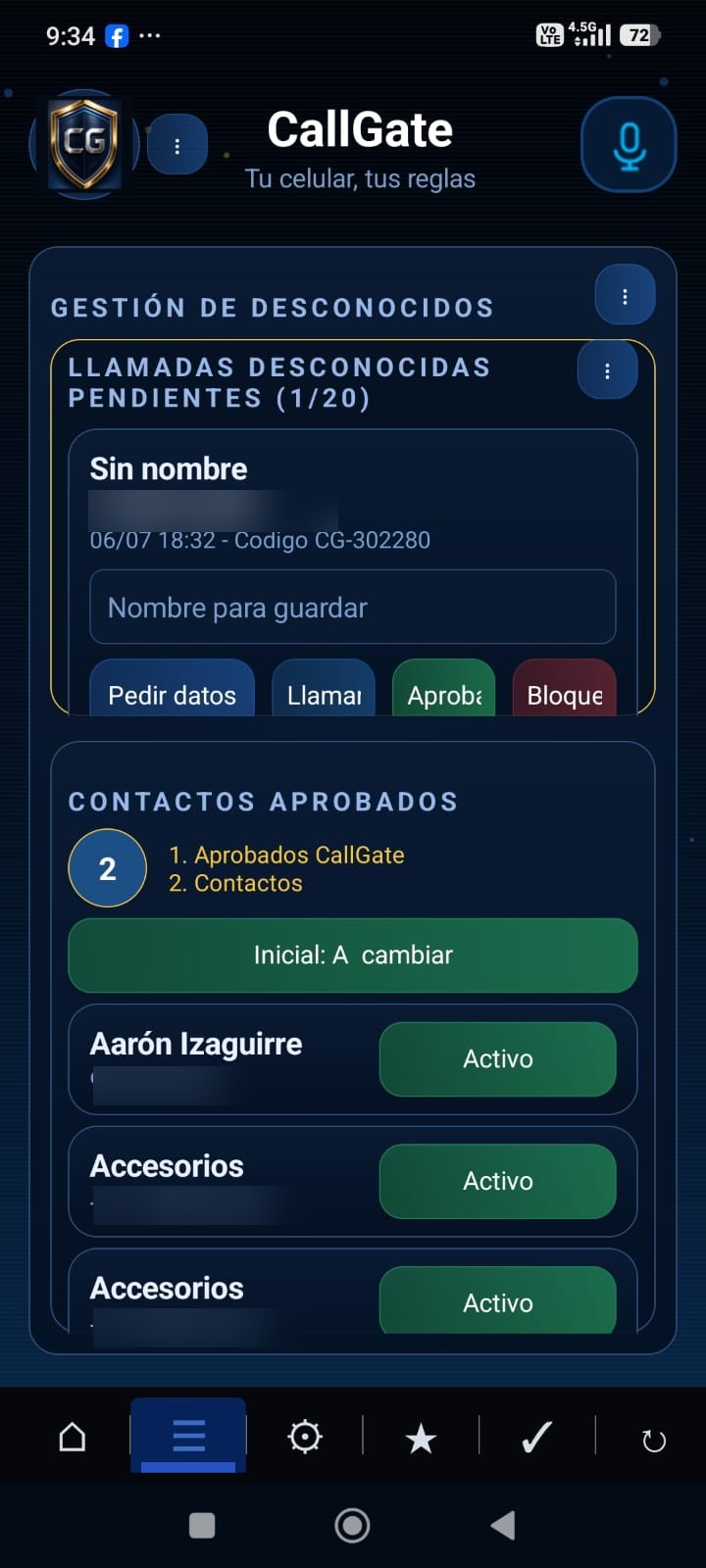 Gestión de desconocidos y contactos aprobados en CallGate
