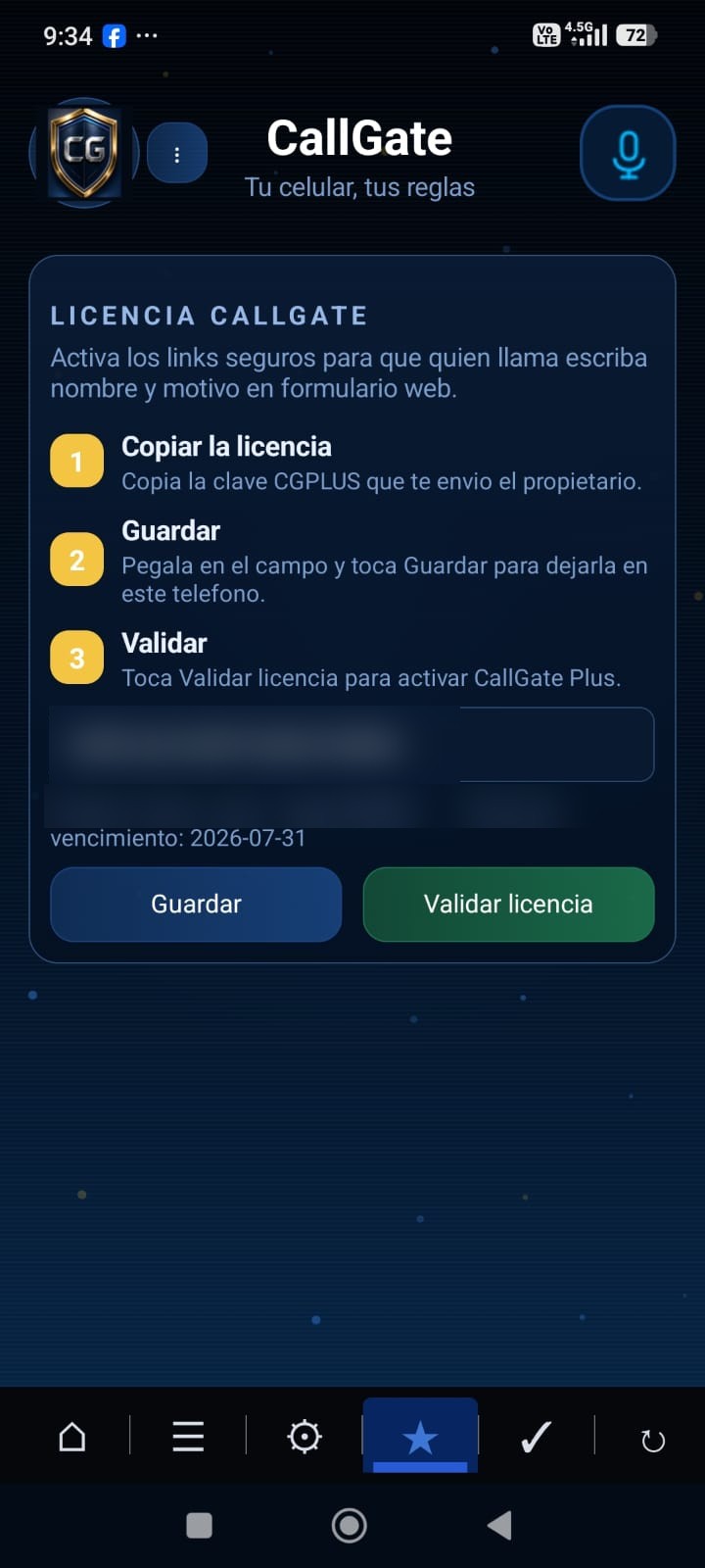 Pantalla de licencia de CallGate